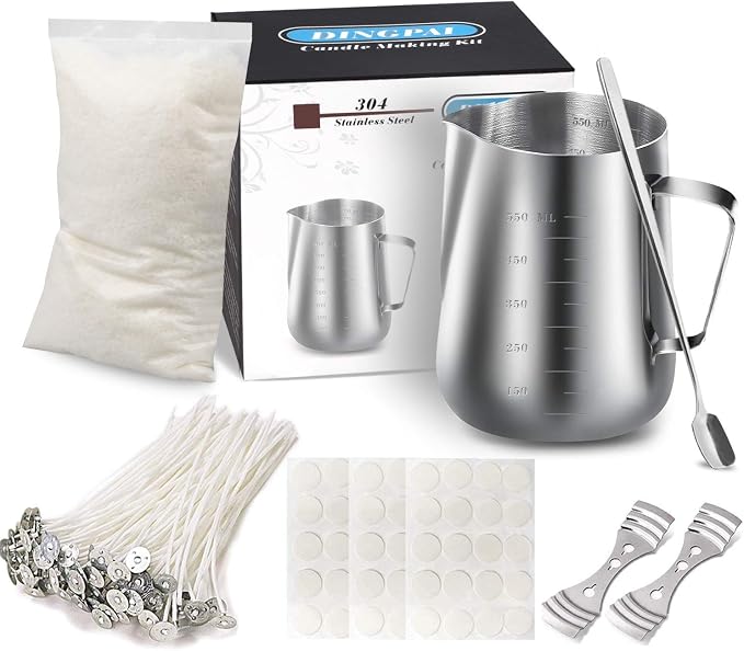 DINGPAI Candle Making Kit, Soy Wax DIY Candle Craft Tools Including Candle Make Pouring Pot, Candle Wicks, Wicks Sticker, 3-Hole Candle Wicks Holder, Natural Soy Wax and Spoon