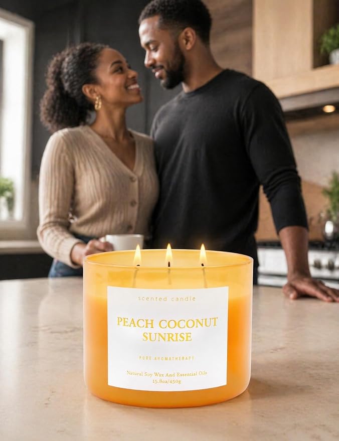 Peach Coconut Sunrise 3-Wick Soy Candle | 15.8 oz Large Aromatherapy Candle for Home | Clean Burn Long Lasting | Tropical Fruit Scent | Gift Ready