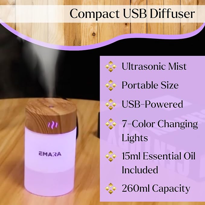 Emara Mini Diffuser for Essential Oils USB Wood Grain LED Lights 260ml, Includes 15ml Oil, Portable Diffuser for Essential Oils, Ultrasonic Mist Travel Diffuser, Small Essential Oil Diffusers Gift