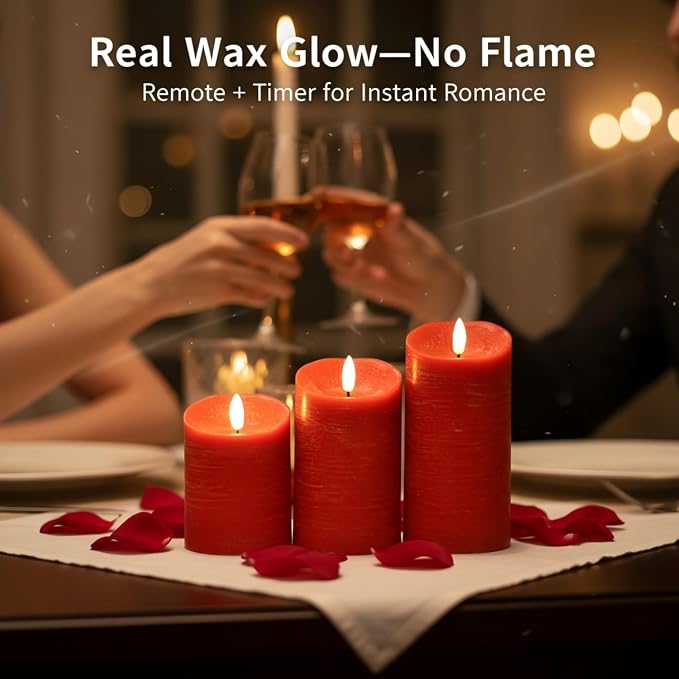 ANGELLOONG Red Flameless Candles with Remote and Timer, Real Wax Flickering Fake Pillar Candles Battery Operated, Electric LED Candle for Bathroom Table Decor Birthday Gifts for Him Her, Set of 3