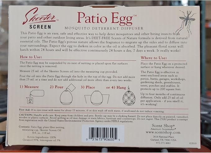 Skeeter Screen Patio Egg Diffuser – Decorative Essential Oil Set with 3-Month Supply – No Flame or Power – Includes Beaker & Netting – Patios, Garages, Stables – Covers Up to 300 Sq Ft