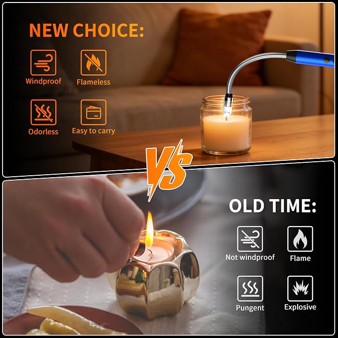 2 Pack Rechargeable Type C Electric Lighters, Blue | Flameless and Windproof, Plasma Arc, 360° Long Reach Flexible Neck, LED Power Display, For Candles, BBQ Grill & Camping