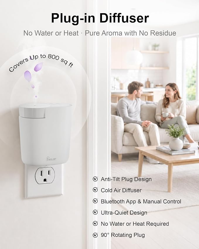 Waterless Plug in Diffuser, 800 Sq Ft, No Wobble Secure Wall Fit, Adjustable Timer & Scent Intensity,App Control,Essential Oil Plug in Wall Diffuser, Includes 3 x 20ml Fragrance Oils, White