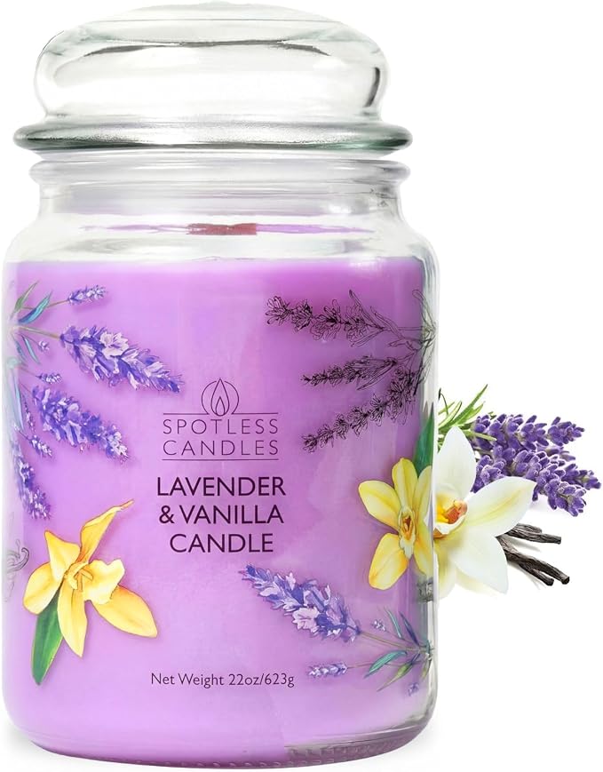 Spotless Leopard Vanilla & Lavender Candle 22oz Glass Jar with Wooden Wick in a Decorated Jar Within a Presentation Gift Box and Protective Shipping Box
