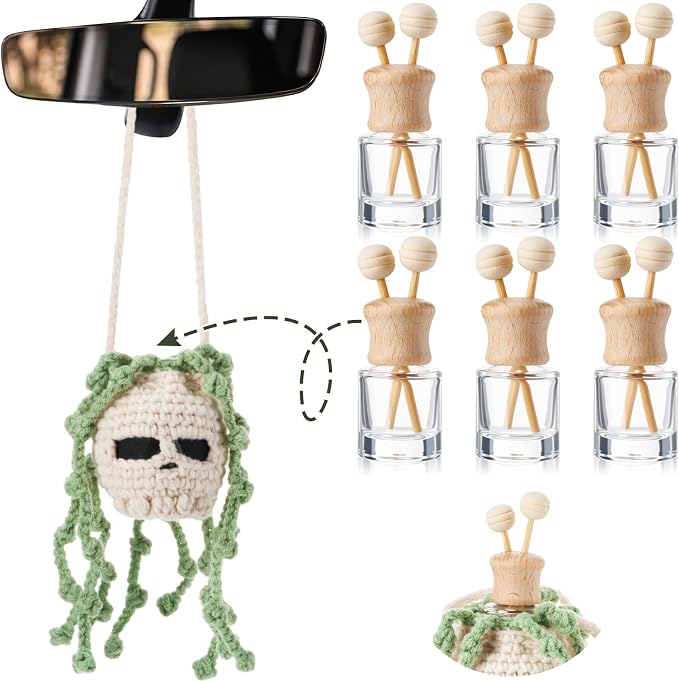 Leelosp 7 Pcs Nightmare Decoration Christmas Hanging Car Air Freshener with Empty Refillable Essential Oil Diffuser Bottle Knitted Potted Handmade Cute Car Interior Charm Ornament (8 ml, Skull)
