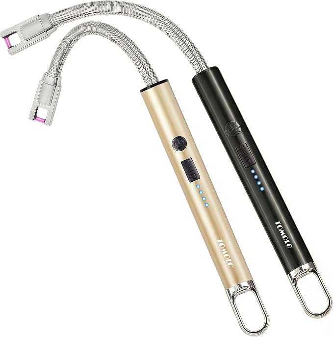 TOMOLO Electric Candle Lighter, Long Flexible Neck Lighter with Safety Switch, Windproof Plasma Flameless USB Rechargeable Lighters for Candles, Grill, Camping & Gas Stove, 2-Pack (Black & Champagne)