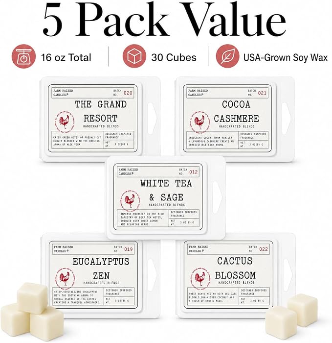 Resort Spa Soy Wax Melts, 5 Pack, 16 oz | 5 hotel & spa inspired scents • 16 oz total • 30 cubes • USA-grown soy wax