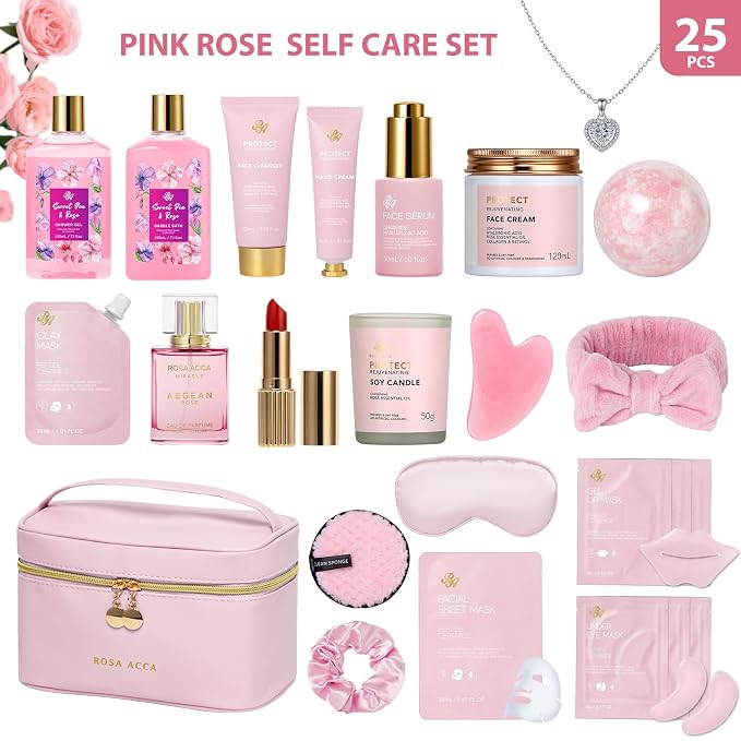 Gifts for Women, Gifts Basket for Women, 25 Pcs Rose Bath & Body Gift Basket Set, Hydrating Skin Care Gift Set, Self Care Gifts, Cosmetic Bag, Necklace, Christmas, Birthday, Anniversary, Mom, Wife
