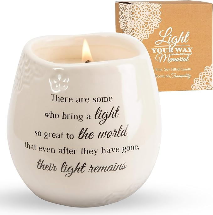 Pavilion Gift Company - 'In Memory, Light Remains' 19176 - White Ceramic Candle with Soy Wax in a Delicate Jasmine Scent, Thoughtful Sympathy, Remembrance, and Condolence Gift - 8 Ounces