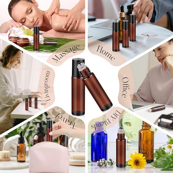 10ml Roller Bottles for Essential Oils, 4 Pack Glass Roll on Bottles, Refillable Perfume Bottle, with Stainless Steel Roller Balls, 2 Droppers, 1 Opener, Labels (Amber)