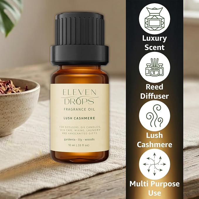 Lush Cashmere Fragrance Oil | Gardenia, Lily & Woods Notes | Long Lasting Scent Reed Diffuser Oil for Home, Office, Hotel, Spa, Car & Linen Spray | Pet Friendly IFRA Compliant, 10 ml