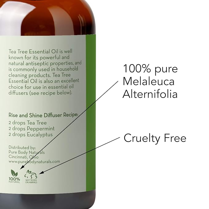 Tea Tree Essential Oil, 1 Fl Oz with Dropper - Undiluted Therapeutic Grade for Your Face, Skin, Hair and Diffuser - 100% Pure Melaleuca Oil for Acne, Toenails - by Pure Body Naturals