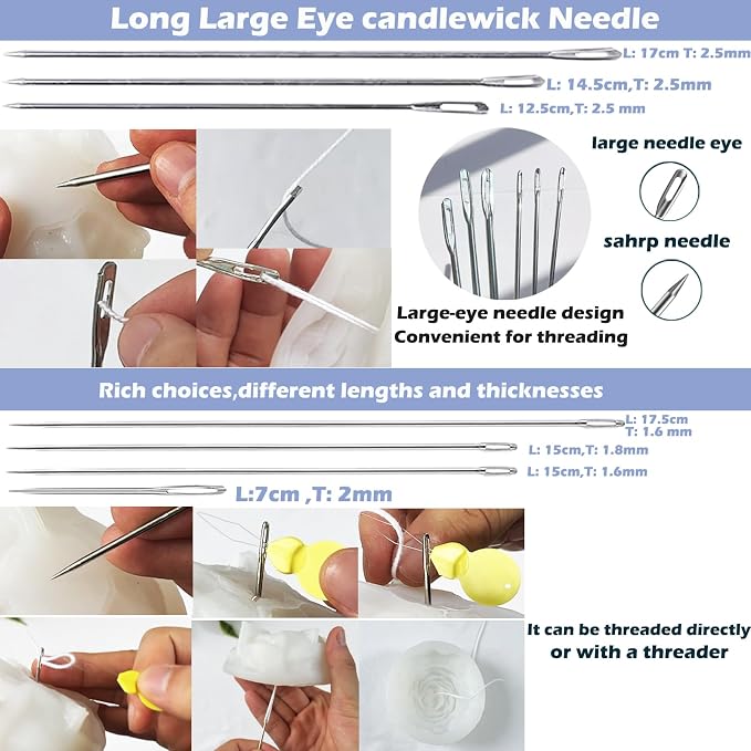 119PCS Candle Making Kit Mold Punch Needle with Hook Eye,Candle Wick Inserting Tool for Molds Long Wick Needle for Candle Making,Candle Wick Roll 200 Ft 24 Wick Spool,100 Piece 6" Natural Candlewick