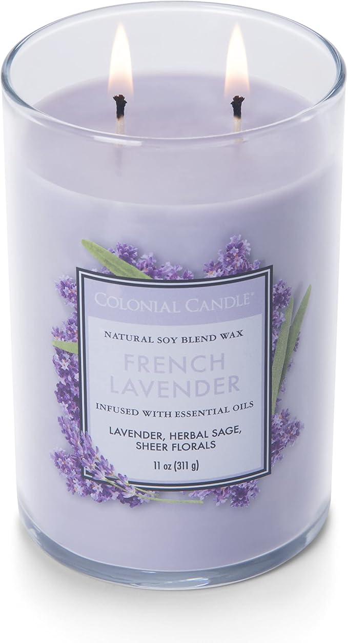 Colonial Candle French Lavender Scented Jar Candle, Classic Cylinders Collection, 2 Wick, Purple, 11 oz - Up to 80 Hours Burn