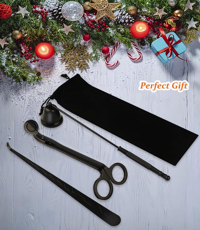 3 in 1 Candle Accessory Kits,Candle Snuffer,Candle Wick Cutter Trimmer and Candle Wick Dipper with Gift Bag, Candle Care Kit for Gifts Candle Lovers (Black)