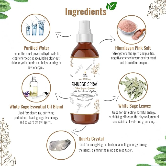 SOUL STICKS White Sage & Cinnamon Smudge Spray – 3.5oz Smokeless Energy Mist with Quartz Crystals – Non-Toxic Cleansing Spray for Aura, Home, Car, Meditation, Yoga, Stress Relief & Protection