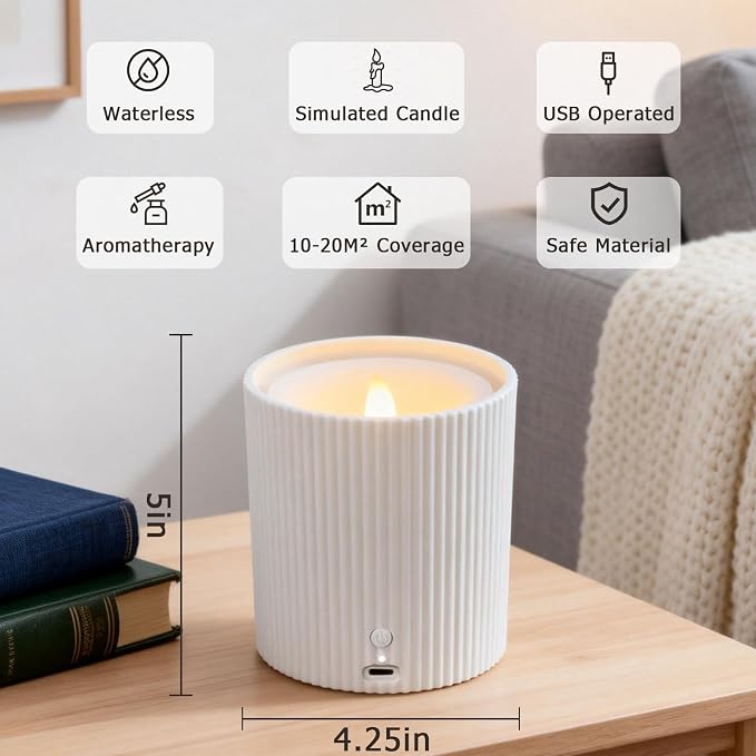 USB Line to Use 2 in 1 Waterless Essential Oil Diffuser and 3D Wick and Realistic Flame Candle,Flameless Candle Diffuser,LED Candle Waterless Diffuser 12PCS Cotton Pads(Non-Rechargeable)﻿