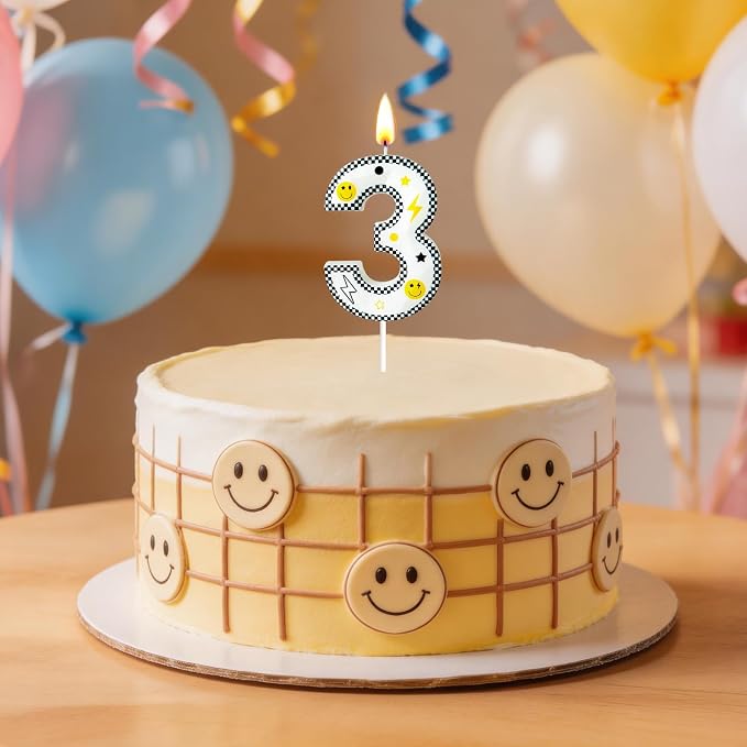 Number 3 Birthday Candle for Cake – 2.7 Inch Large Size Black White Checkered Smiley Design with Lightning & Star – therr Happy Dude Theme Cake Topper Decoration