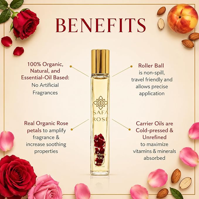 SAFA Rosé Organic Rose Oil Perfume Roller | Bulgarian Damask & Indian Rose Petals | 10 mL Long Lasting Perfume Oil for Women & Men | Non-Toxic, Alcohol-Free & Travel Friendly