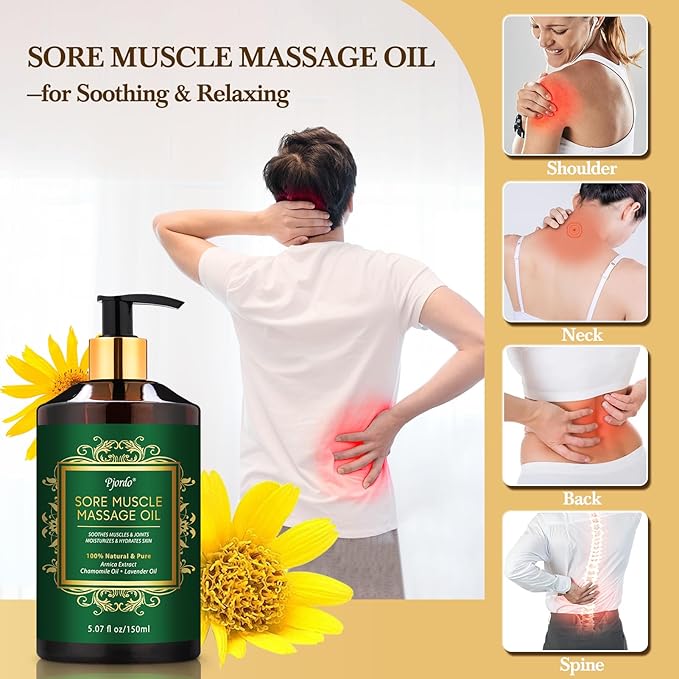 Pjordo 3 Pack Massage Oil for Massage Therapy, Lavender Oil for Relaxation, Sore Muscle Arnica Oil & Cellulite Massage Oil, with Massage Roller Ball & Thumb Saver Tool, Massage Kit for Him Her