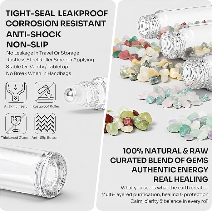 Roller Bottles for Essential Oils Roll On Bottles 5 Pack 10ml Clear with Natural Gemstones Oil Perfume DIY Kits Boho Stickers Rollerball Bottle Thick Glass Empty Leak-Proof Refillable for Travel, Gift