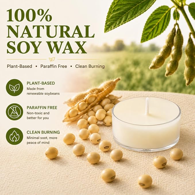 Soy Tealight Candles 100 Pack,4 Hours Unscented White Tea Candles | Natural Soy Wax,Clean Burning,Clear Cup Design,Small Votives Bulk for Home Decor Wedding Spa Meditation and Wax Warmers