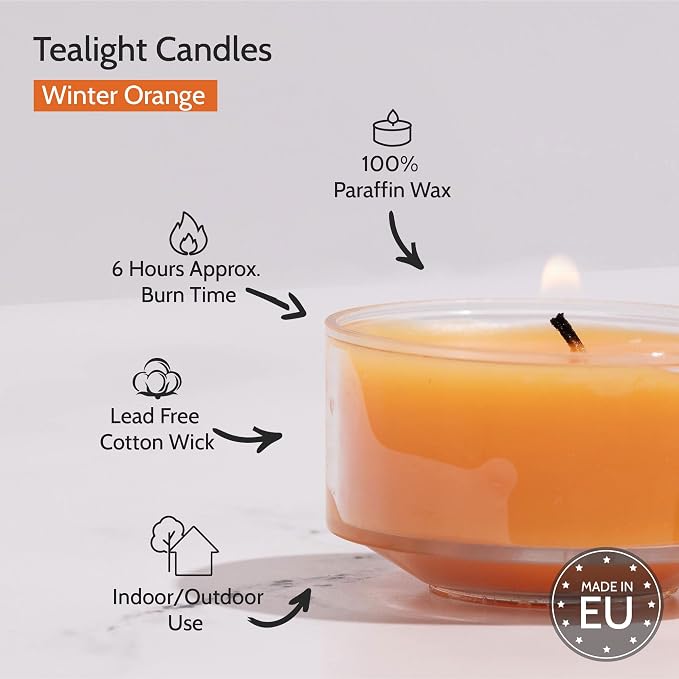 HYOOLA Scented Tealight Candles - Clear Cup - Winter Orange Tealight Candles Scented - 6 Hour Burn Time - 15 Pack - European Made