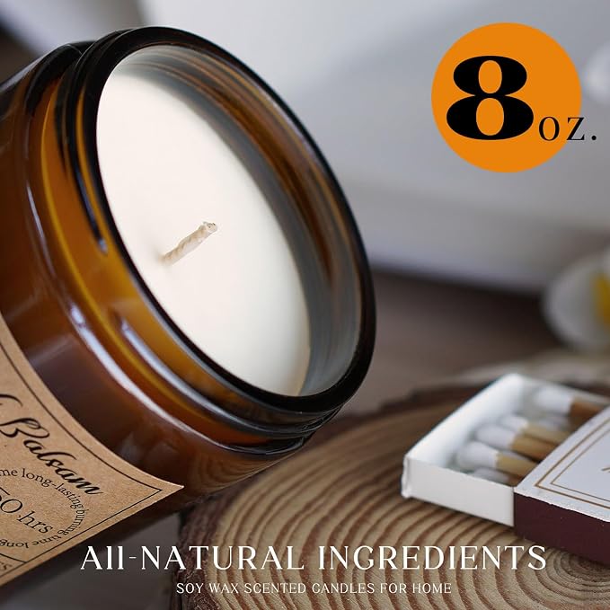 【4.0 | 43】Sandalwood Balsam Candles for Home Scented - 8oz Natural Soy Candles Aromatherapy Candle Gift for Men and Women Relaxation Anxiety Stress Relief, Enjoy a Relax Candle with 50 Hour Burn Time