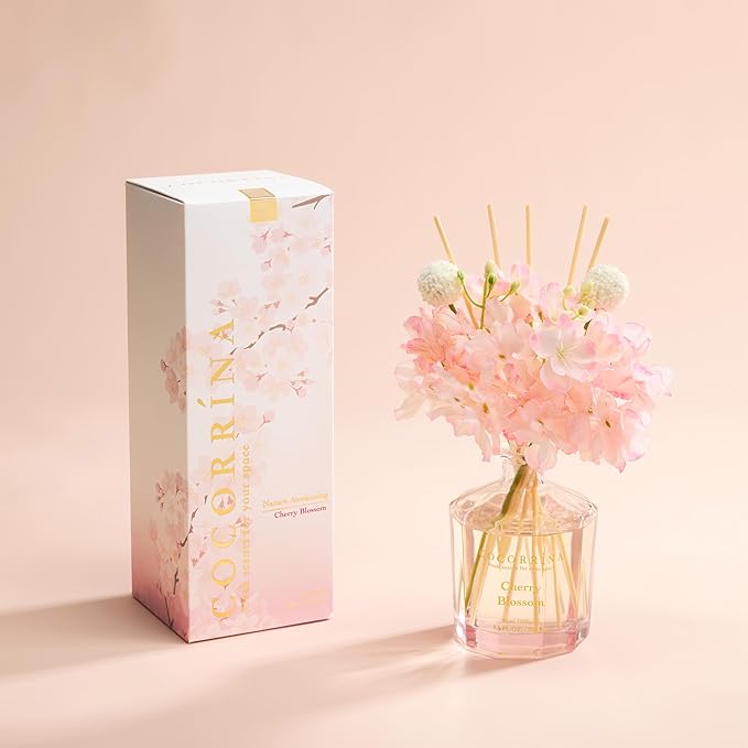 COCORRÍNA Reed Diffuser - Cherry Blossom 8.5 Fl.oz Flower Reed Diffuser Set with 8 Sticks, Home Fragrance Reed Diffuser for Home Bedroom Office Bathroom Shelf Decor (Master Collection)