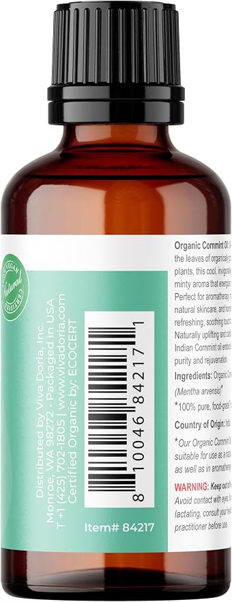 Viva Doria Cornmint Essential Oil, USDA Certified Organic Cornmint Oil, 100% Pure, Natural Essential Oil, Undiluted, for Aromatherapy | Food Grade, 30 mL (1 Fluid Ounce)