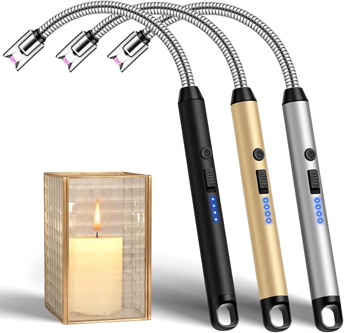 LcFun 3 Pack Electric Candle Lighter Windproof USB Rechargeable Plasma Lighter with LED Battery Display, Flameless Long Arc Lighters for Grill BBQ Camping Fireplace Stove(Black,Silver,Gold)