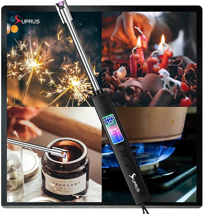 SUPRUS Electric Candle USB Type C Rechargeable 360° Flexible Neck Lighter with Upgraded LED Battery Display Safety Switch Flameless Plasma Windproof (Black, 3Packs)