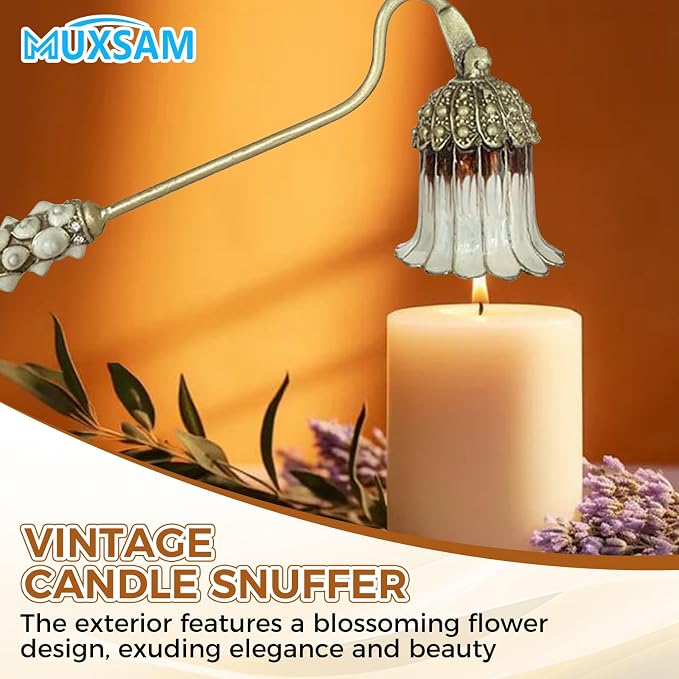 MUXSAM Vintage Candle Snuffer, Candle Extinguisher with Long Handle, Metal Wick Flame Snuffer for Putting Out Candle Flame Safely, Floral Candle Snuffers Accessory for Candle Lovers, White