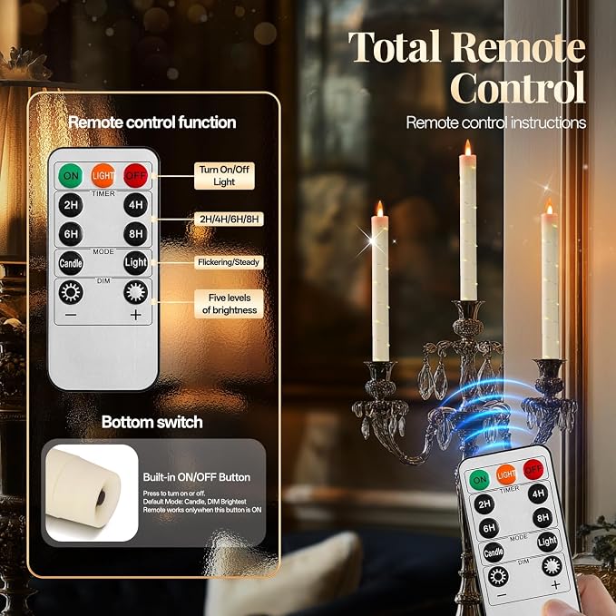 6 Pcs Flameless Taper Candles, Battery Taper Candles Flickering Flame with Embedded Star String, Outdoor Candle Sticks, Timer Function Ideal for Weddings, Anniversaries, Birthday Party(Ivory)