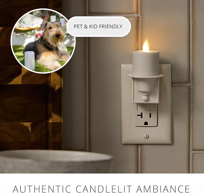 Luminara Flameless Candle Nightlight w/Dusk to Dawn Light Dark Auto Sensor, White Wall Plug Indoor Night LED Light w/Real-Flame Effect Technology, Bathroom Bedroom Hallway, No Remote Needed