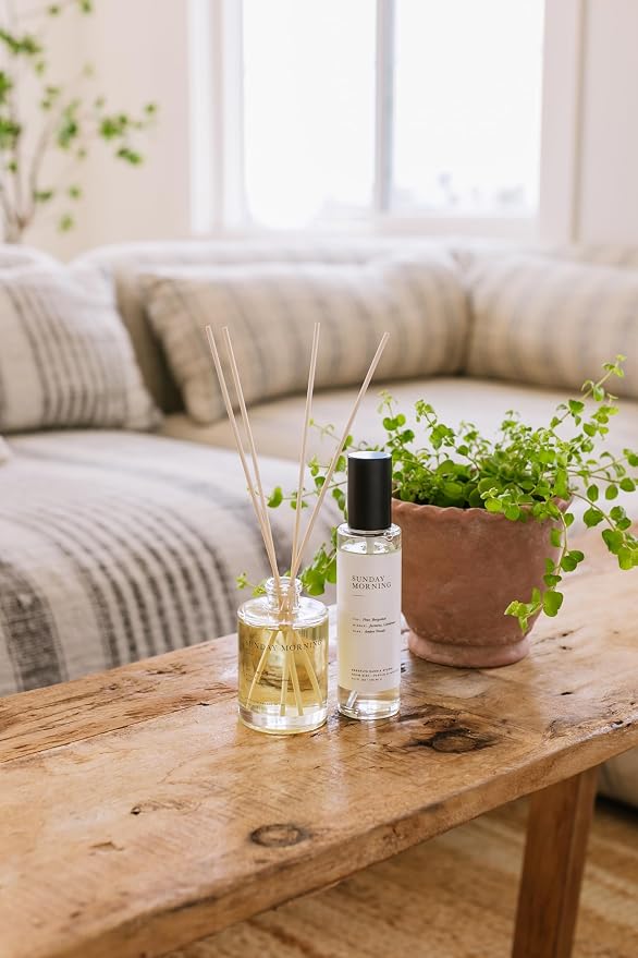Brooklyn Candle Studio Reed Scent Diffuser - Sunday Morning - Relaxing Oil Diffuser, Pear, Jasmine & Amber Fragrance, 8 Rattan Diffuser Reeds, Clean Ingredients - 3.7oz