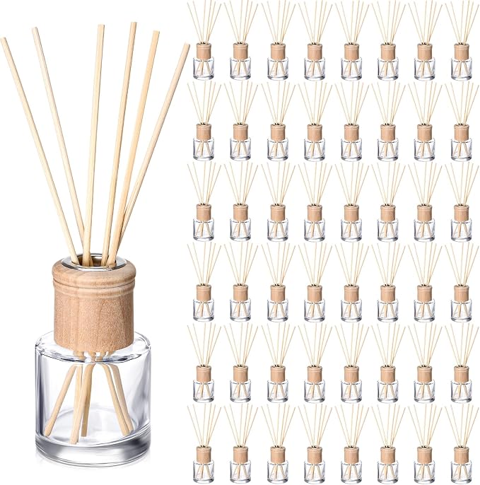 Roshtia 50 Set Reed Diffuser Bottle Empty Refillable Fragrance Glass Diffuser Bottles Set with Wooden Caps Sticks 50ml 1.7 oz Round Glass Jars for DIY Fragrance