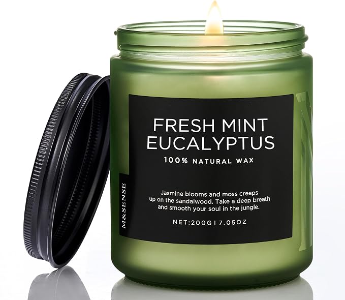 M&SENSE Eucalyptus & Mint Candles for Home Scented, 7.05oz Natural Soy Wax, 50 Hours Clean Burn Non Toxic Aromatherapy Candle, Slow Burning for Stress Relief Meditation Relaxation Spa