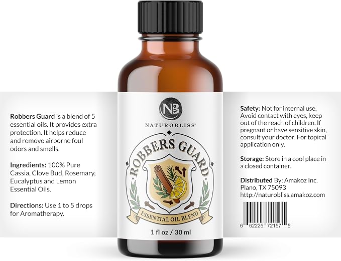 NaturoBliss Robbers Guard Synergy Blend Aromatherapy Essential Oils Blend (Cassia Clove Rosemary Eucalyptus Lemon) from Tales of French Thieves - 1 Fl. Oz, 30ml
