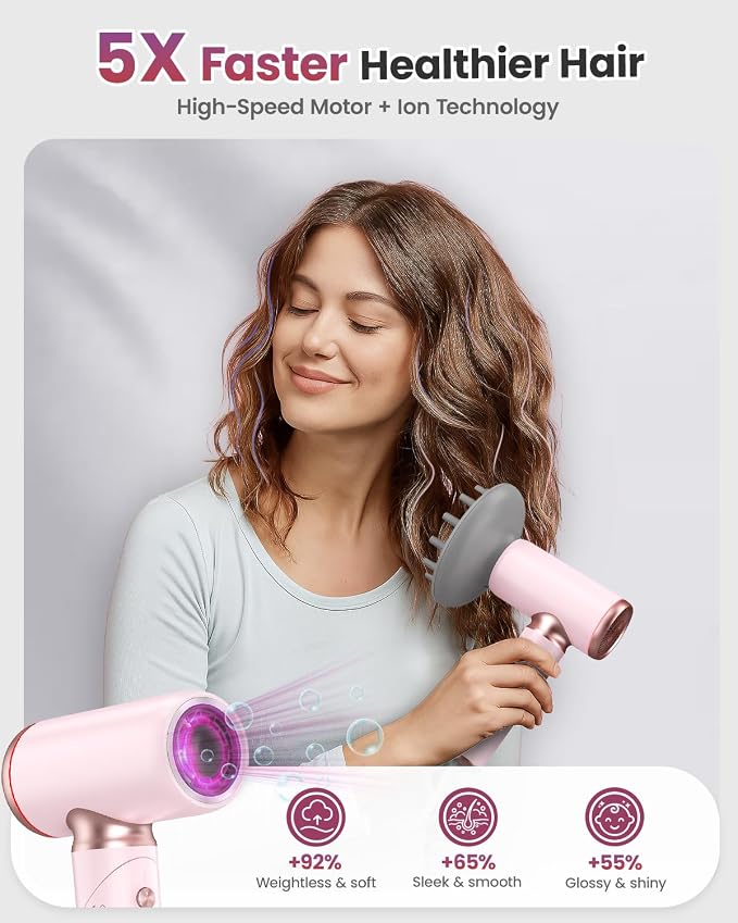 Dual Voltage Hair Dryer Travel Europe Foldable, High Speed Ionic Blow Dryer Fast Drying,100-240V Portable Dryers with Magnetic Nozzles,1300W, Pink