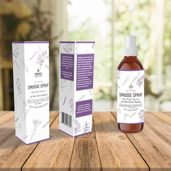 SOUL STICKS White Sage & Lavender Smudge Spray – 3.5oz Smokeless Mist with Quartz Crystals – Calming Essential Oil Spray for Sleep, Stress Relief, Meditation, and Energy Cleansing