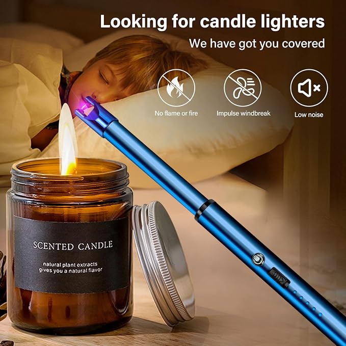 Electric Candle Lighter Windproof USB Rechargeable Flameless Long Neck Lighter for Candles Gas Stove Fireplace BBQ Kitchen Grills (Blue)