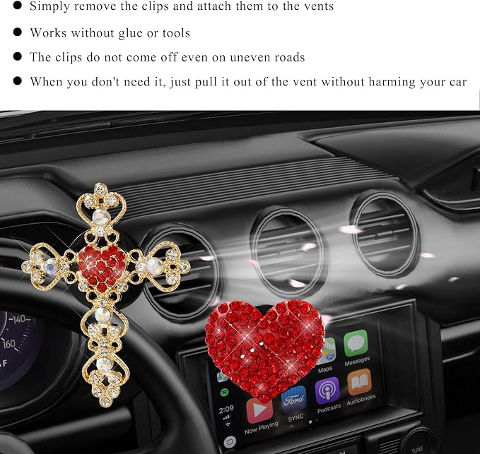 2 PCS Bling Car Vent Clip, Crystal Rhinestone Cross and Heart Car Air Fresheners Vent Clips, Diamond Car Air Conditioner Outlet Decoration Charm for Women, Car Accessories (Red)