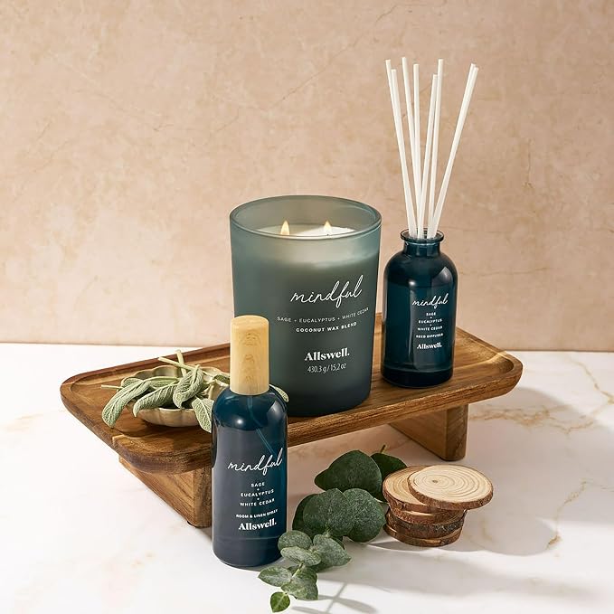 Scented Reeds Diffuser 3 fl oz (90mL) with 8 Synthetic Reeds (Mindful (Sage + Eucalyptus + White Cedar)