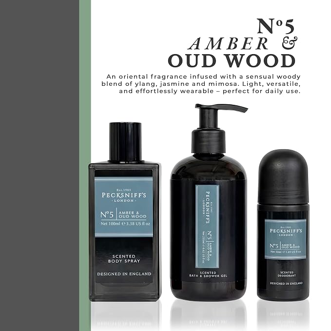 Pecksniff’s Men’s Essentials Body Trio Gift Set – Amber & Oud Wood – Bath & Shower Gel 250ml, Body Spray 100ml, Deodorant 50ml