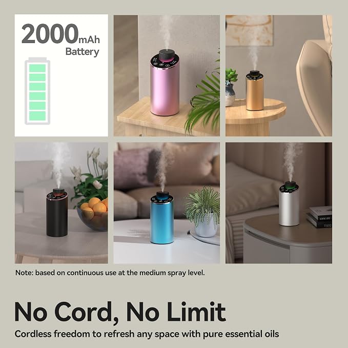 Waterless Essential Oil Diffuser Aromatherapy Scent Diffusers for Home Large Room, Bedroom, Car, Office, Desk, Battery Operated Mini Portable Air Freshener, 3 Countdown Timers & 3 Mist Levels