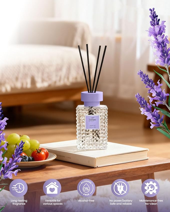 Reed Diffuser Set, Lavender Linen Scented Home Fragrance Air Freshener for Bathroom Shelf Decor, 5.07 fl oz/150ml Essential Oil with Sticks