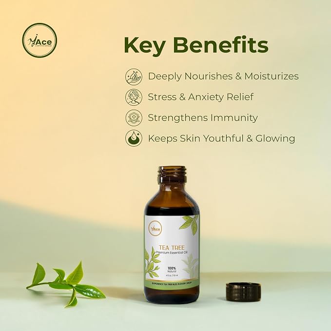 My ACE Tea Tree Essential Oil 4 Fl Oz - 100% Pure & Natural - Premium Grade for Aromatherapy, Diffuser, Skin, Hair, Massage, Candle & Soap Making, Home - Glass Bottle with Dropper - Long Lasting Scent
