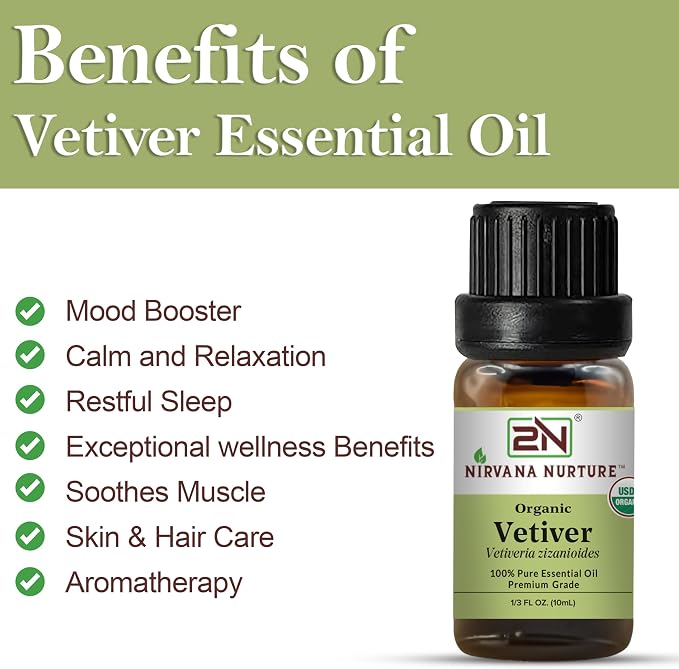 Vetiver Essential Oil, USDA Certified Organic, 100% Pure Undiluted, Aromatherapy Oil for Diffuser, Hair & Skin Care