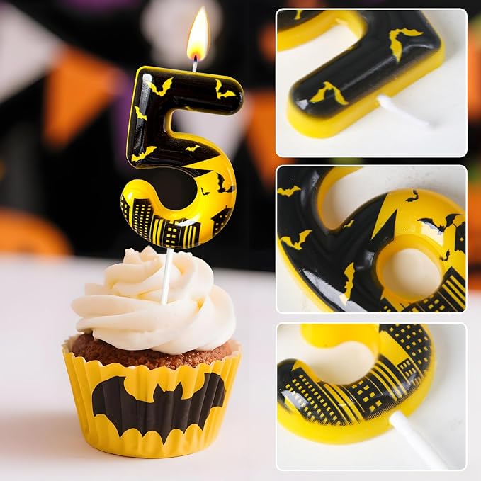 Black Yellow Number 5 Birthday Candle for Cake – Dark Night Hero Style with Bat & City Silhouette Design – Unique Cake Topper for Birthday, Anniversary, Themed Party Decoration